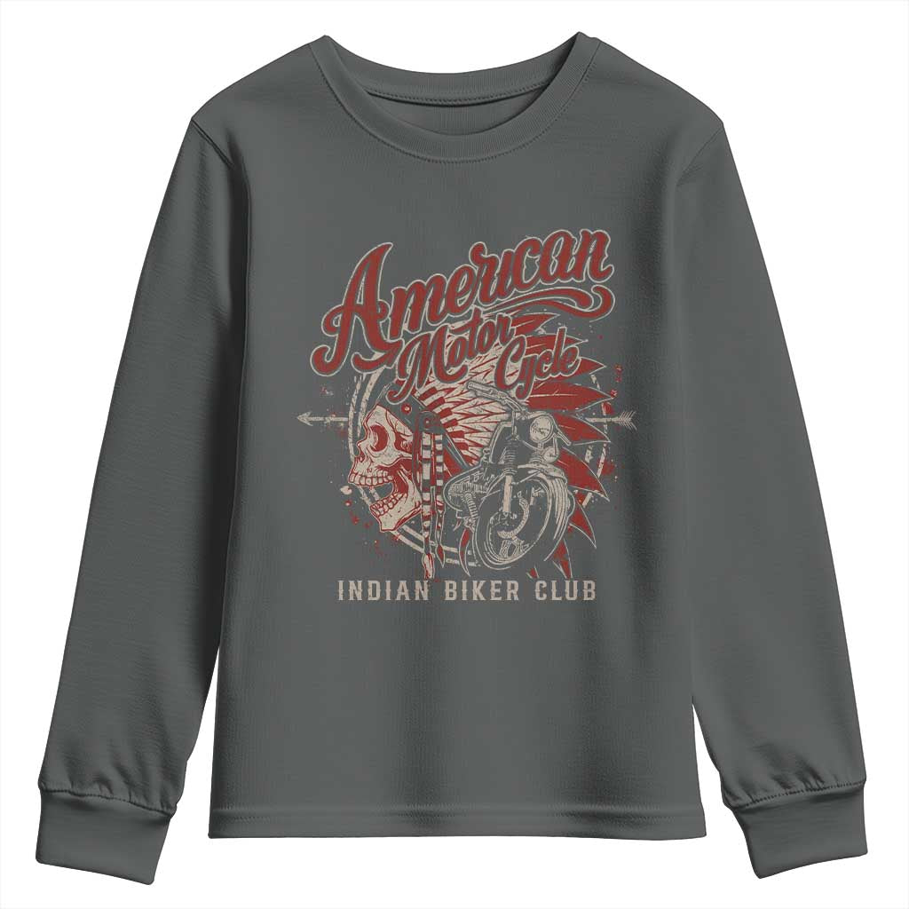 American Legendary Motorcycle Indian Biker Club Youth Sweatshirt Vintage Native American Skull TS11 Dark Heather Print Your Wear