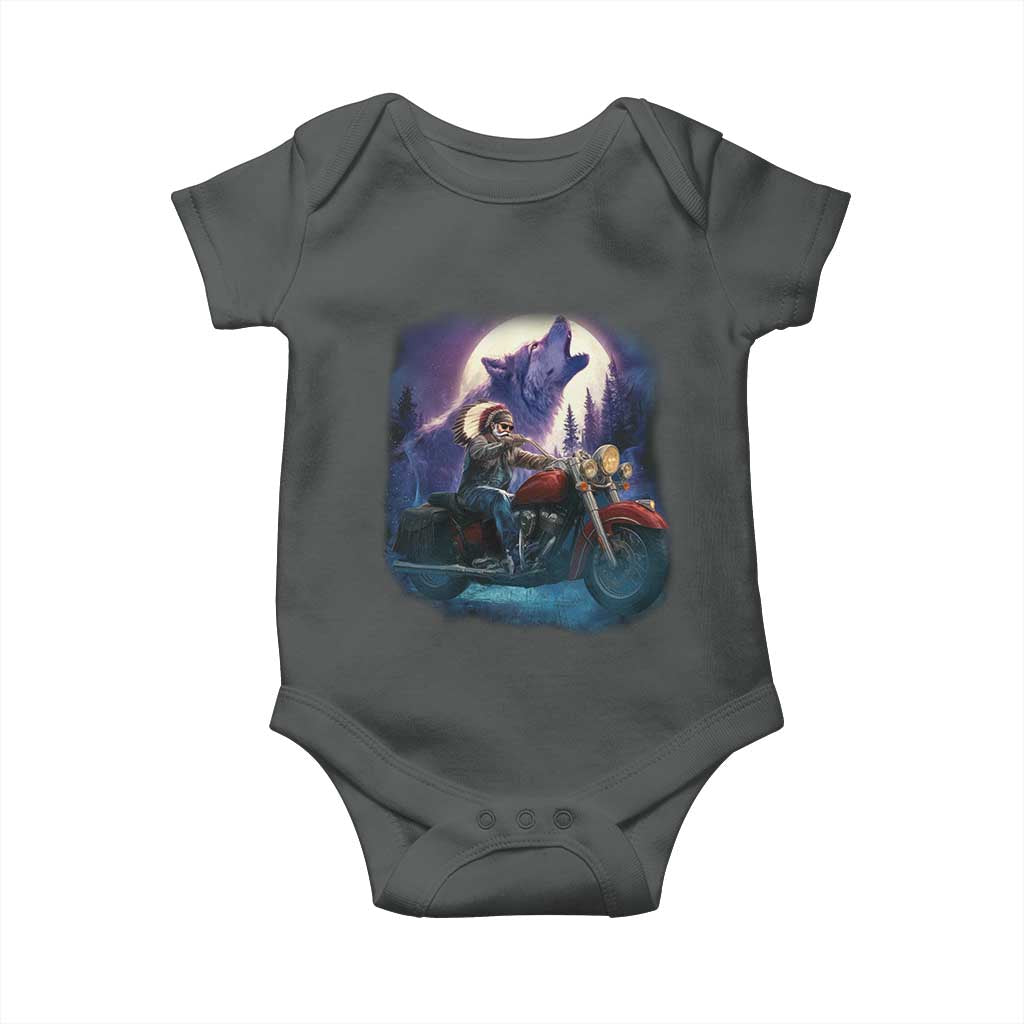 Native American Rider Baby Onesie Vintage Indian American Motorcycle Wolf TS11 Dark Heather Print Your Wear