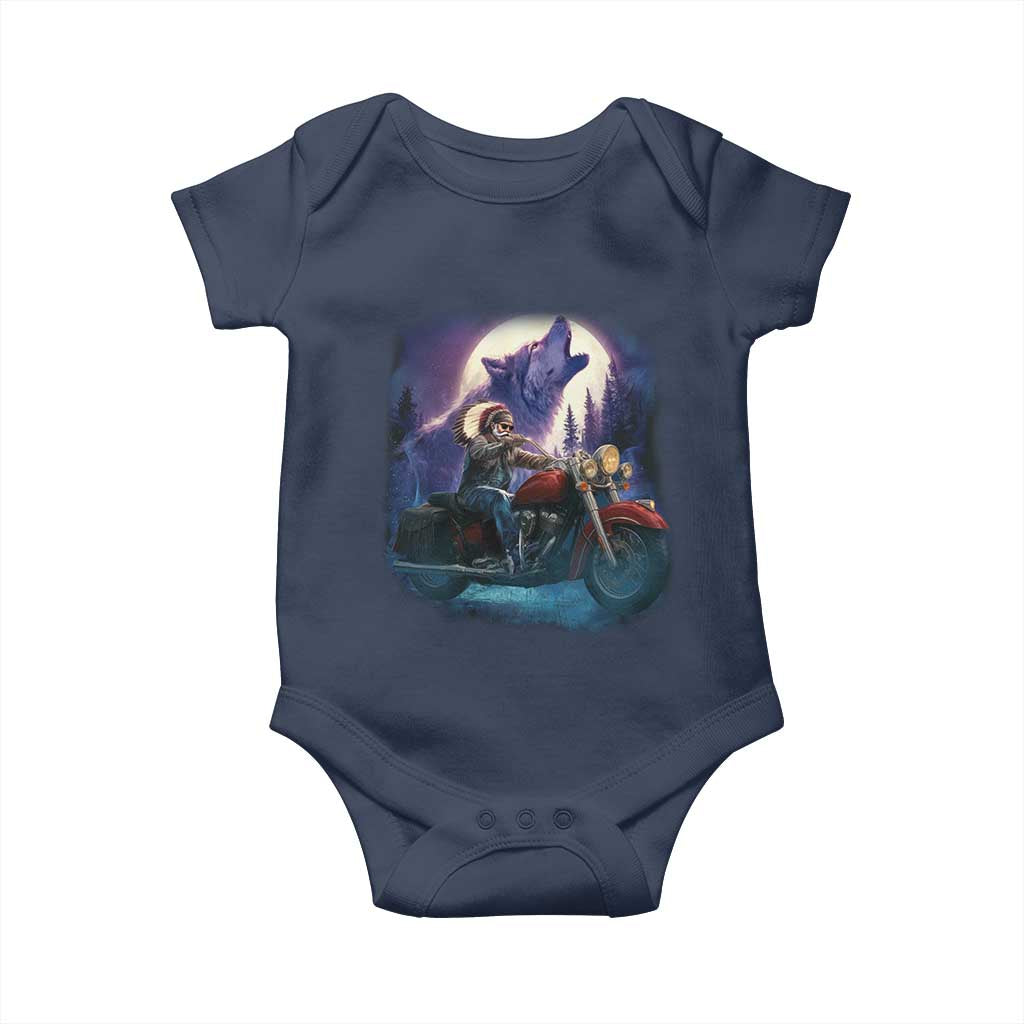 Native American Rider Baby Onesie Vintage Indian American Motorcycle Wolf TS11 Navy Print Your Wear