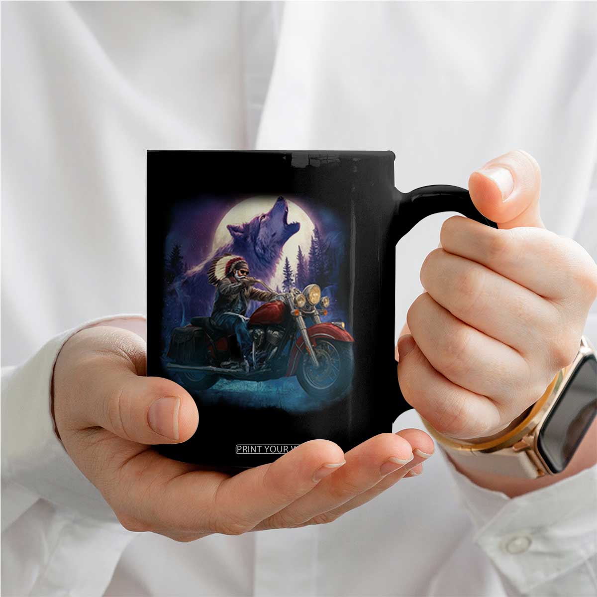 Native American Rider Coffee Mug Vintage Indian American Motorcycle Wolf TS11 Print Your Wear
