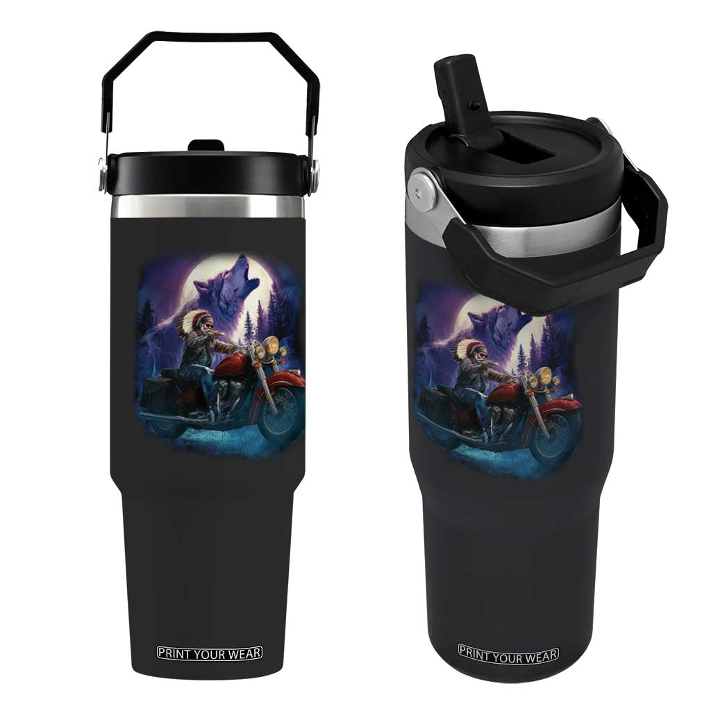 Native American Rider Flip Straw Tumbler Vintage Indian American Motorcycle Wolf TS11 One Size: 30 oz Black Print Your Wear