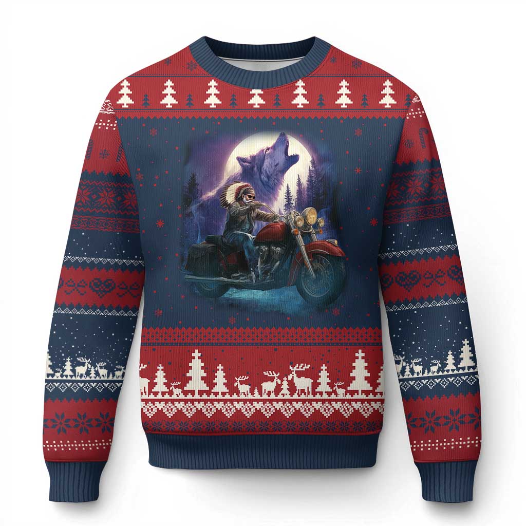 Native American Rider Ugly Christmas Sweater Vintage Indian American Motorcycle Wolf - Print Your Wear