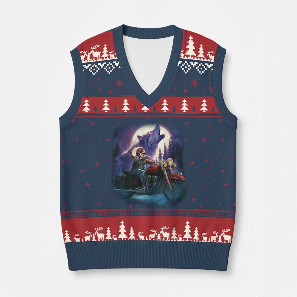 Native American Rider V-Neck Knit Sweater Vest Vintage Indian American Motorcycle Wolf - Print Your Wear
