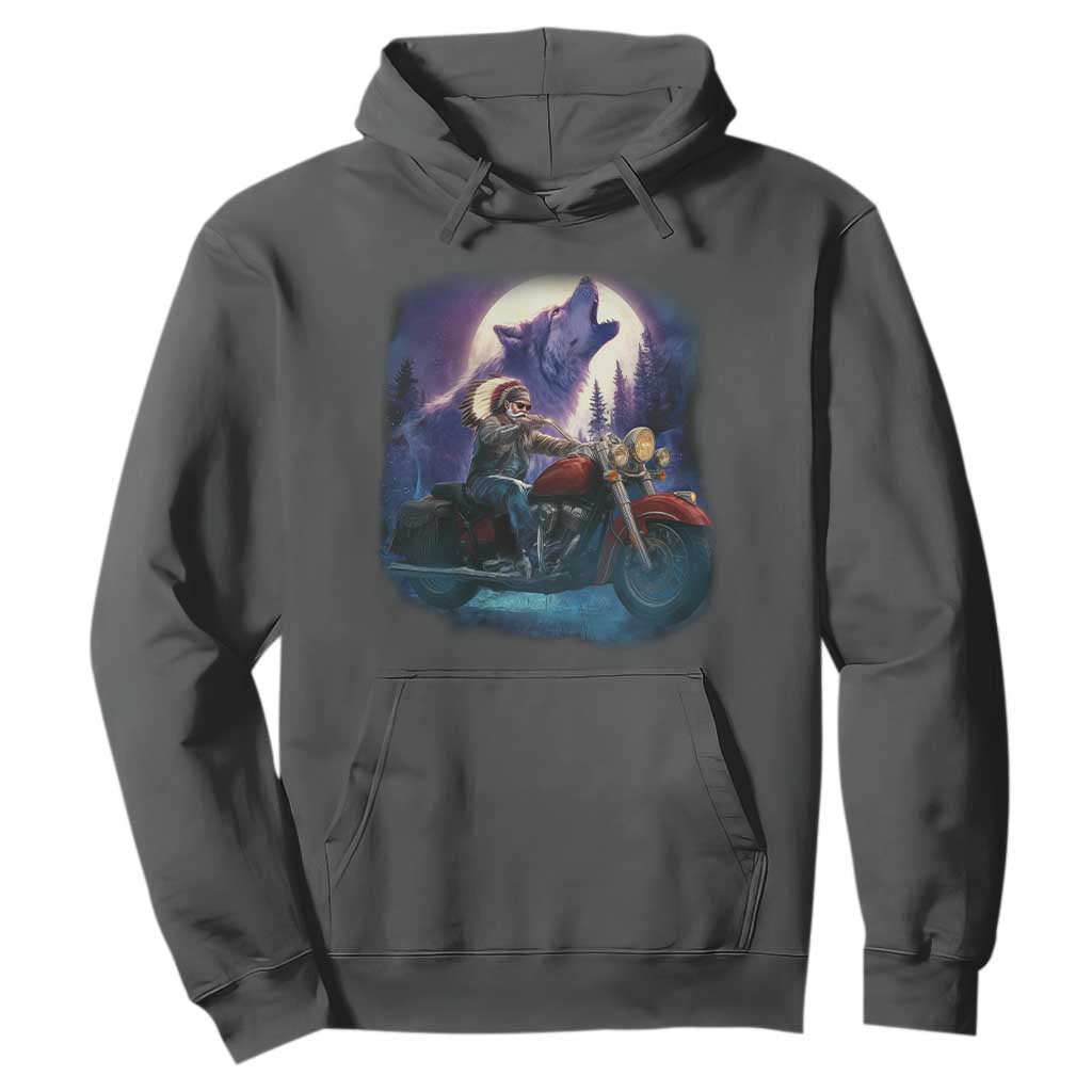 Native American Rider Hoodie Vintage Indian American Motorcycle Wolf TS11 Dark Heather Print Your Wear