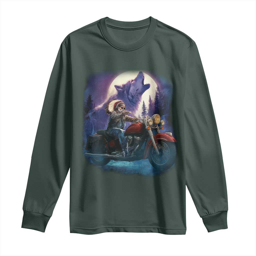 Native American Rider Long Sleeve Shirt Vintage Indian American Motorcycle Wolf TS11 Dark Forest Green Print Your Wear