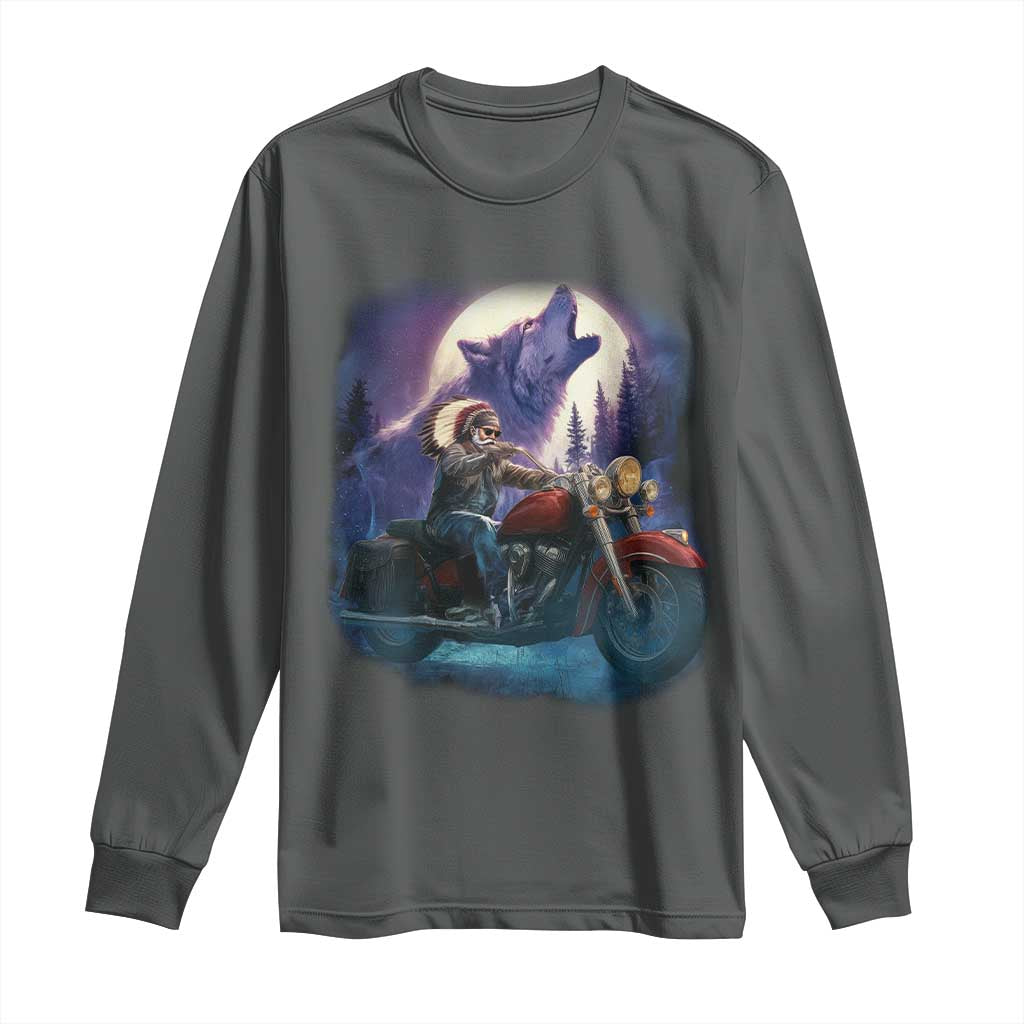 Native American Rider Long Sleeve Shirt Vintage Indian American Motorcycle Wolf TS11 Dark Heather Print Your Wear
