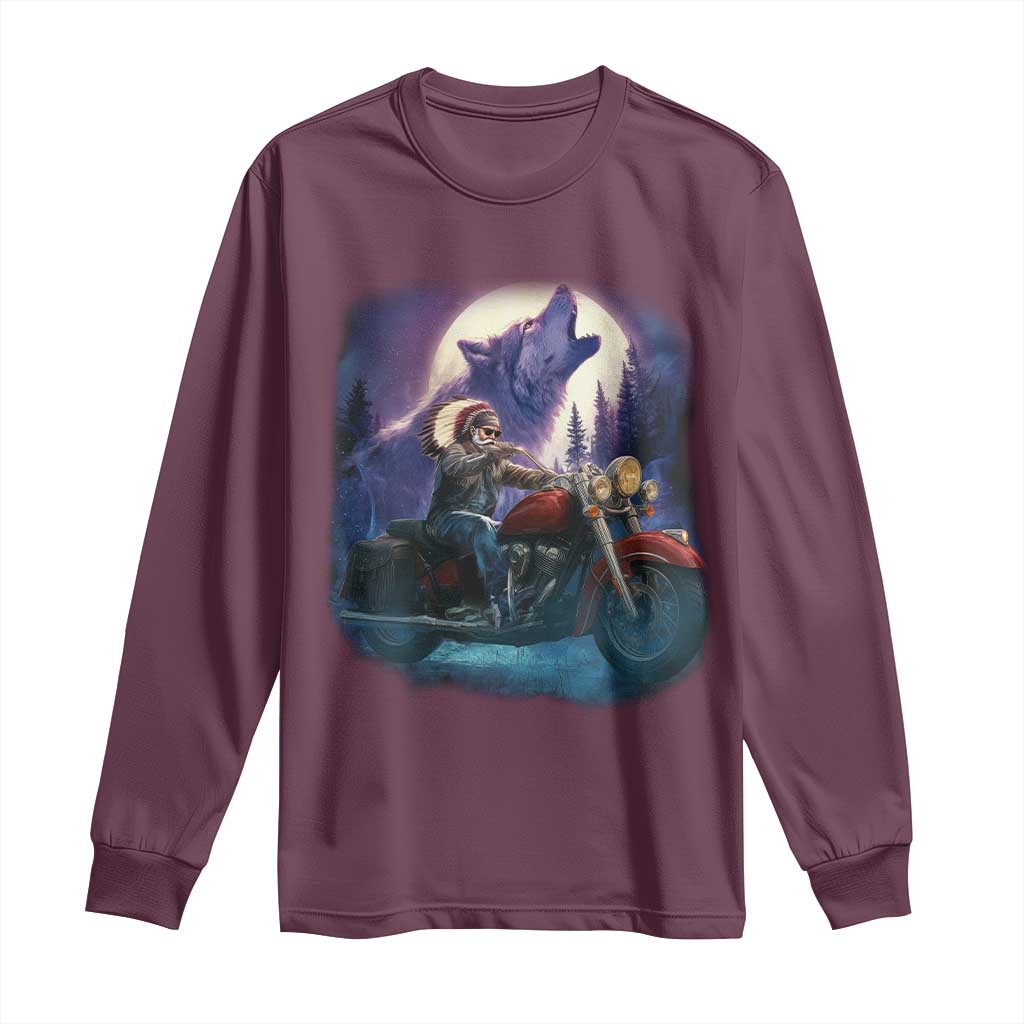 Native American Rider Long Sleeve Shirt Vintage Indian American Motorcycle Wolf TS11 Maroon Print Your Wear