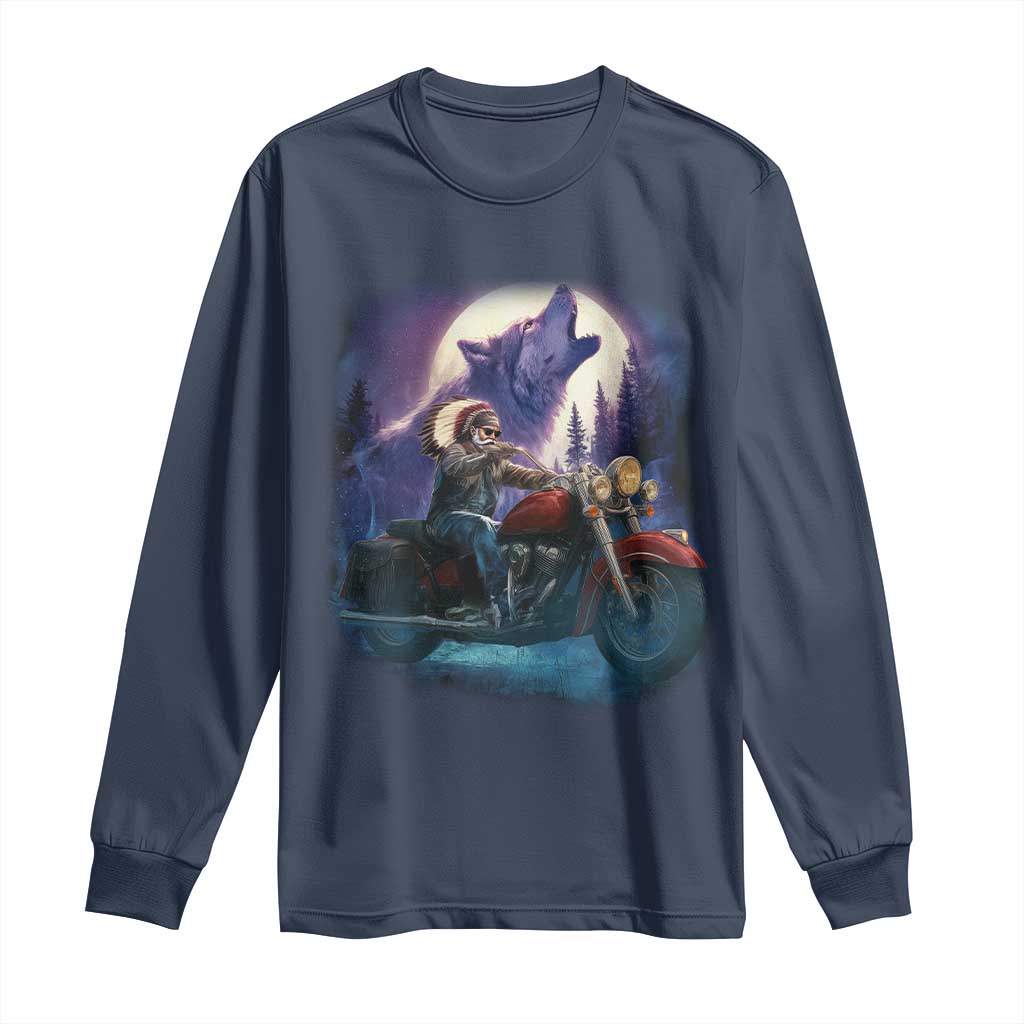 Native American Rider Long Sleeve Shirt Vintage Indian American Motorcycle Wolf TS11 Navy Print Your Wear
