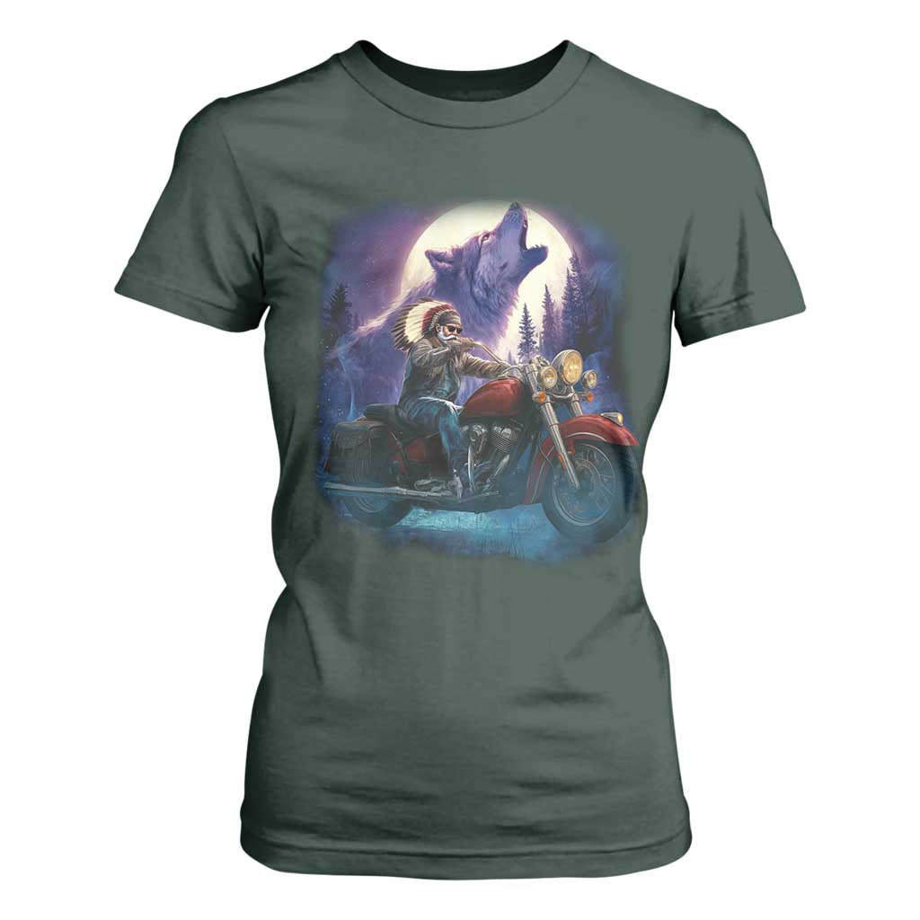 Native American Rider T Shirt For Women Vintage Indian American Motorcycle Wolf TS11 Dark Forest Green Print Your Wear