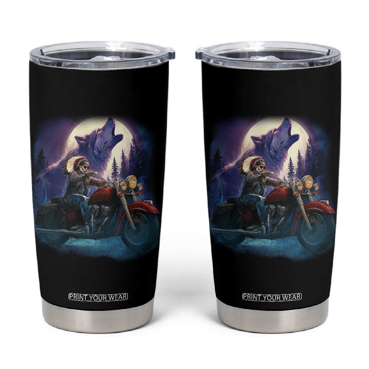 Native American Rider Tumbler Cup Vintage Indian American Motorcycle Wolf TS11 Black Print Your Wear