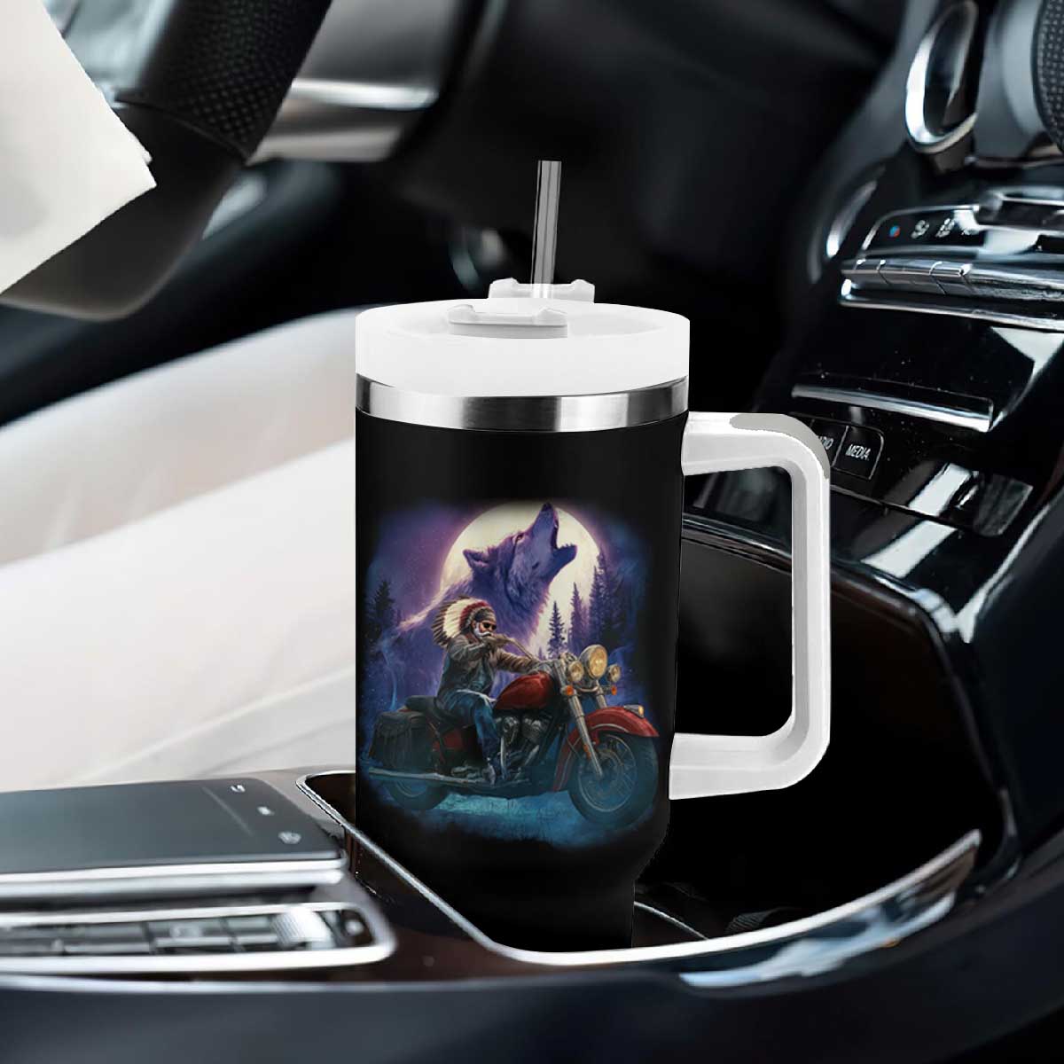 Native American Rider Tumbler With Handle Vintage Indian American Motorcycle Wolf TS11 Print Your Wear