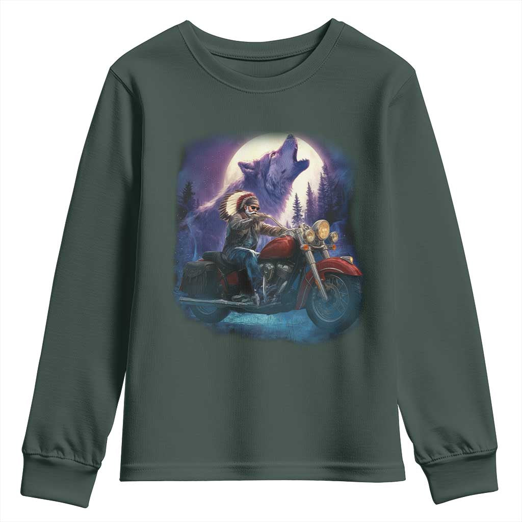Native American Rider Youth Sweatshirt Vintage Indian American Motorcycle Wolf TS11 Dark Forest Green Print Your Wear
