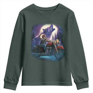 Native American Rider Youth Sweatshirt Vintage Indian American Motorcycle Wolf TS11 Dark Forest Green Print Your Wear