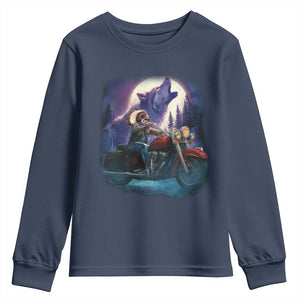Native American Rider Youth Sweatshirt Vintage Indian American Motorcycle Wolf TS11 Navy Print Your Wear