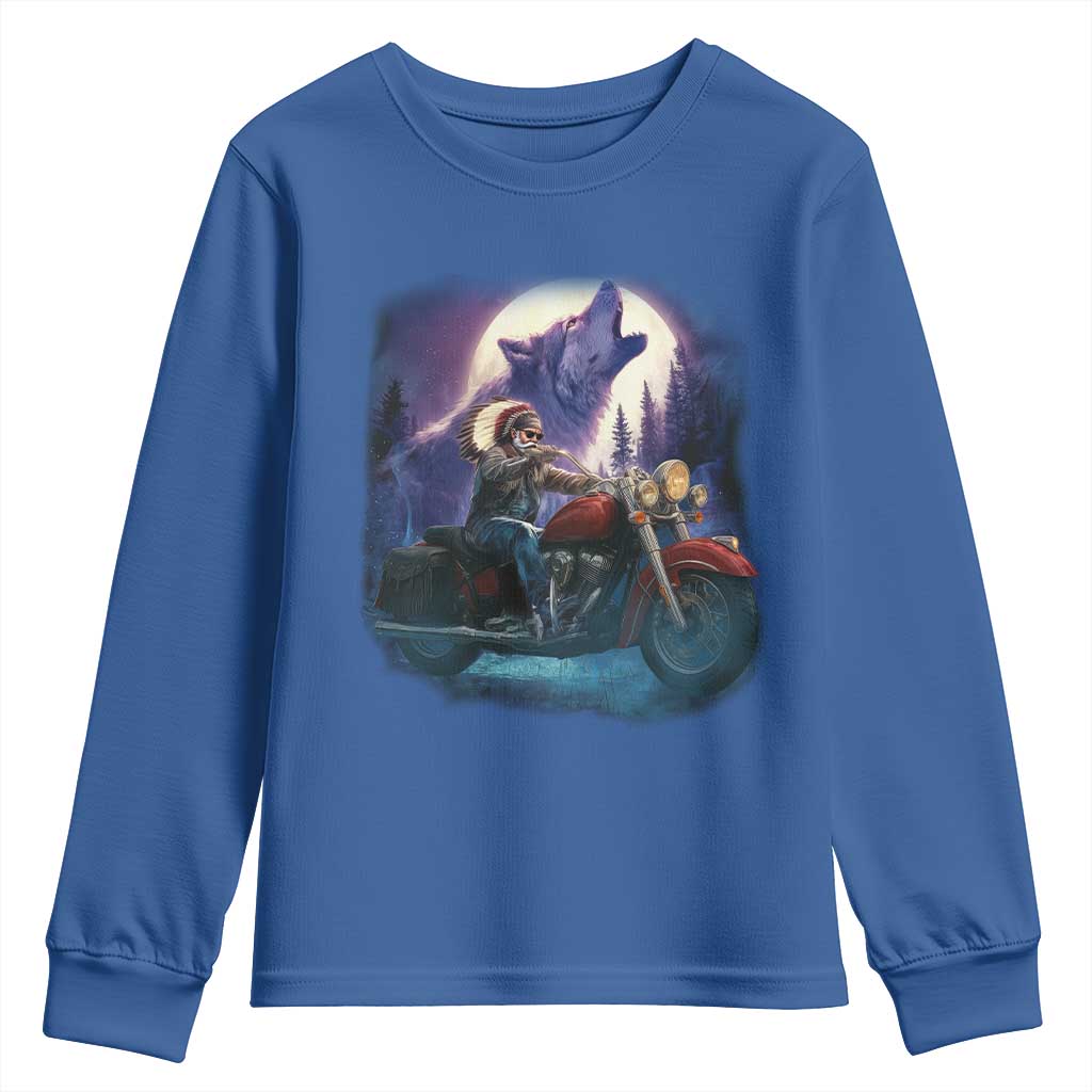 Native American Rider Youth Sweatshirt Vintage Indian American Motorcycle Wolf TS11 Royal Blue Print Your Wear