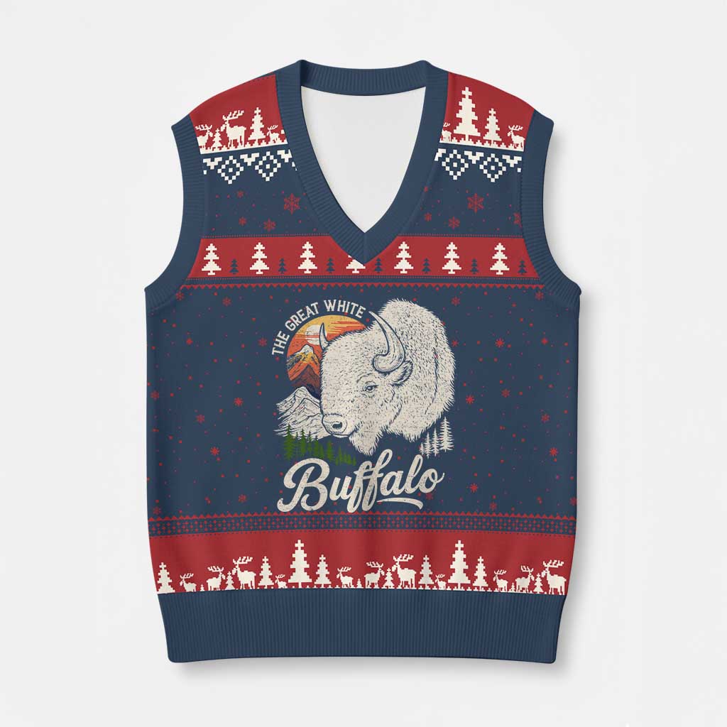 The Great White Buffalo V-Neck Knit Sweater Vest Native American Sacred Spirit Animal - Print Your Wear