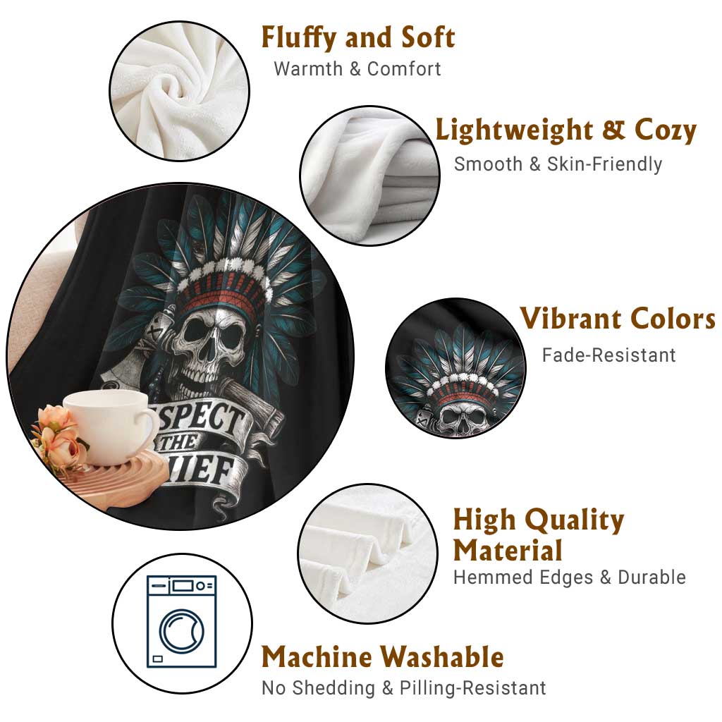 Native American Respect The Chief Throw Blanket Indian Tribal Skull Headdress TS11 Print Your Wear