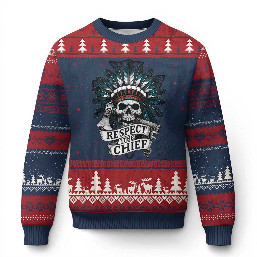 Native American Respect The Chief Ugly Christmas Sweater Indian Tribal Skull Headdress TS11 Navy Red Print Your Wear