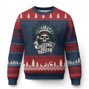 Native American Respect The Chief Ugly Christmas Sweater Indian Tribal Skull Headdress TS11 Navy Red Print Your Wear
