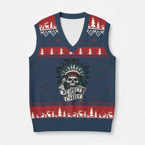 Native American Respect The Chief V-Neck Knit Sweater Vest Indian Tribal Skull Headdress - Print Your Wear