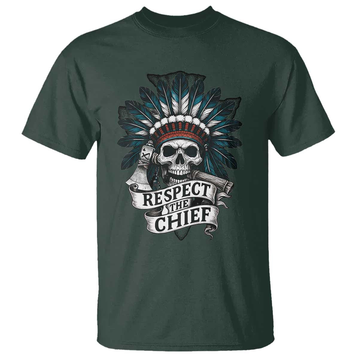 Native American Respect The Chief T Shirt Indian Tribal Skull Headdress TS11 Dark Forest Green Print Your Wear