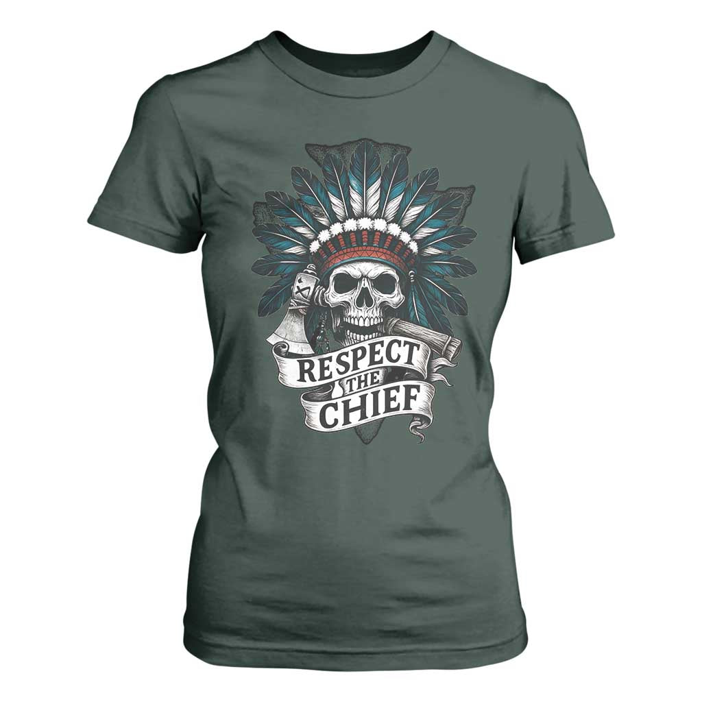 Native American Respect The Chief T Shirt For Women Indian Tribal Skull Headdress TS11 Dark Forest Green Print Your Wear
