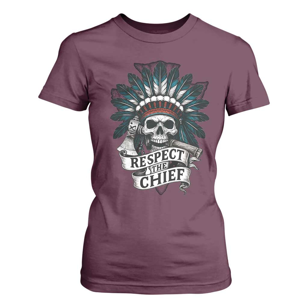 Native American Respect The Chief T Shirt For Women Indian Tribal Skull Headdress TS11 Maroon Print Your Wear