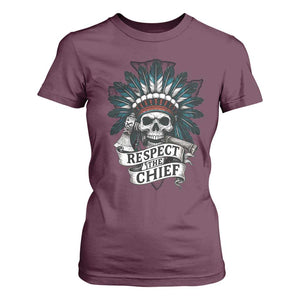 Native American Respect The Chief T Shirt For Women Indian Tribal Skull Headdress TS11 Maroon Print Your Wear