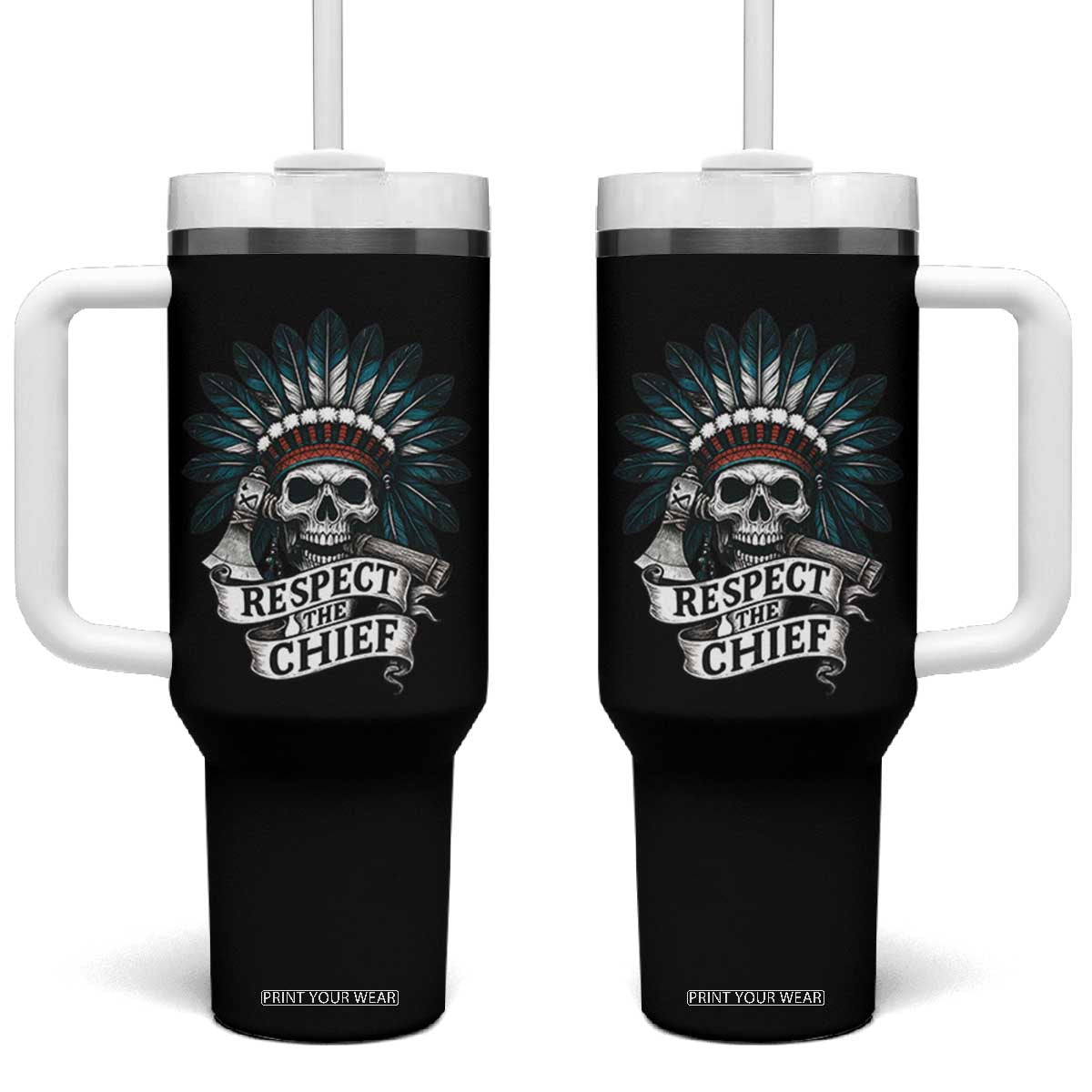 Native American Respect The Chief Tumbler With Handle Indian Tribal Skull Headdress TS11 One Size: 40 oz Black Print Your Wear