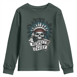 Native American Respect The Chief Youth Sweatshirt Indian Tribal Skull Headdress TS11 Dark Forest Green Print Your Wear