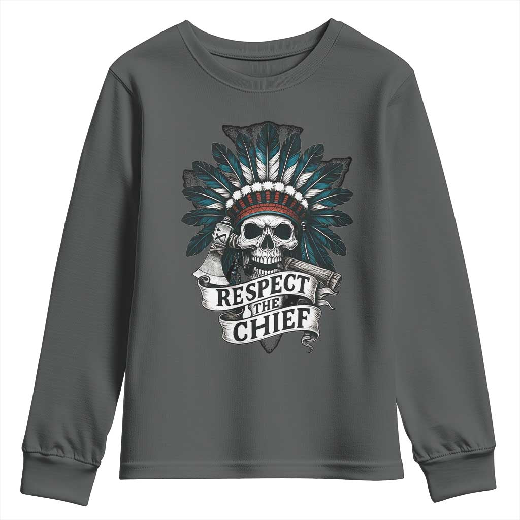 Native American Respect The Chief Youth Sweatshirt Indian Tribal Skull Headdress TS11 Dark Heather Print Your Wear