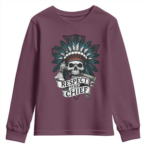 Native American Respect The Chief Youth Sweatshirt Indian Tribal Skull Headdress TS11 Maroon Print Your Wear