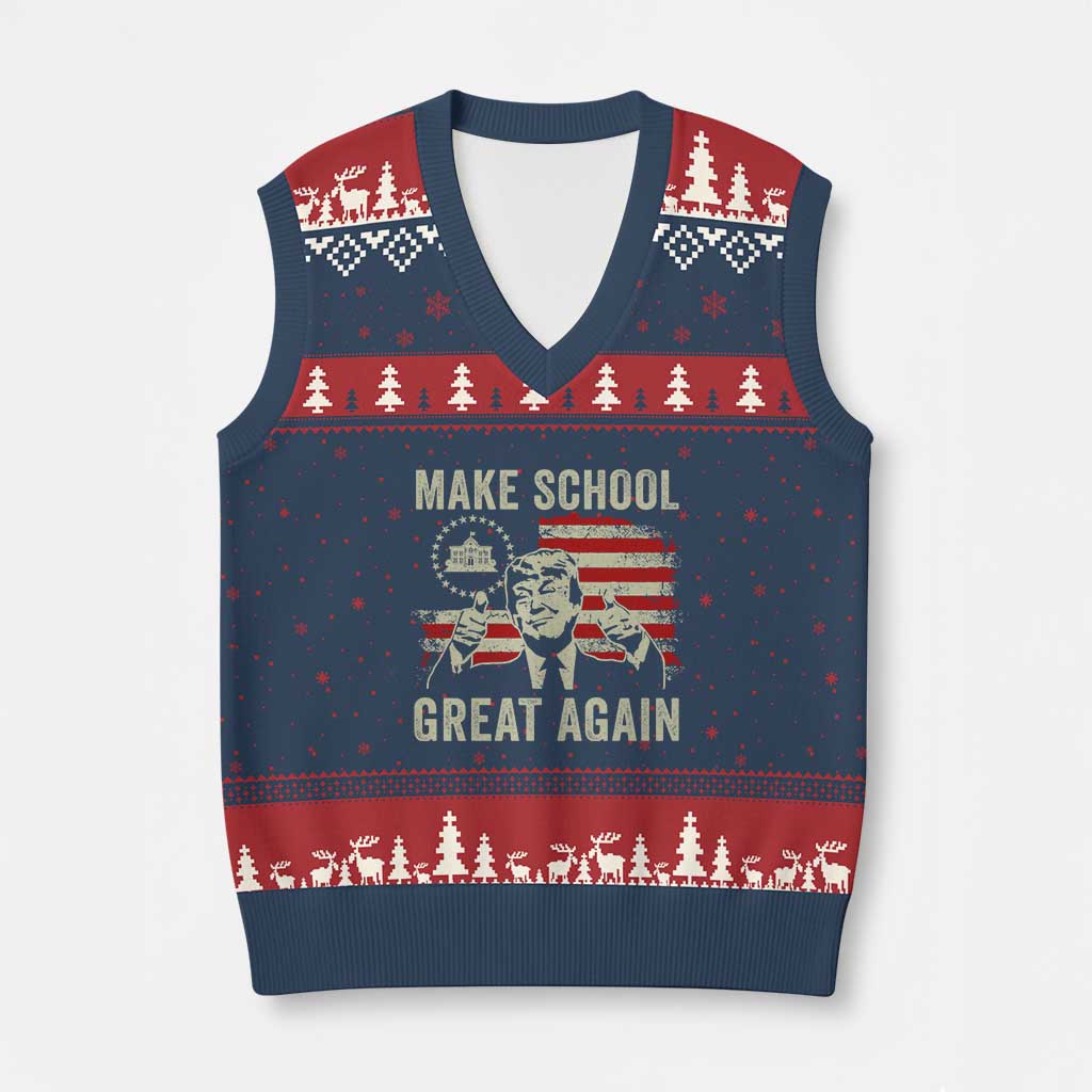 Funny Trump Make School Great Again V-Neck Knit Sweater Vest Back To School American Flag - Print Your Wear