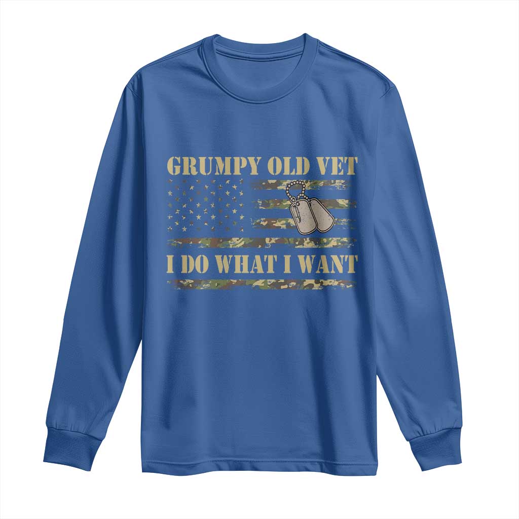 Funny Grumpy Old Vet I Do What I Want Long Sleeve Shirt Military Veteran Camo American Flag TS11 Royal Blue Print Your Wear
