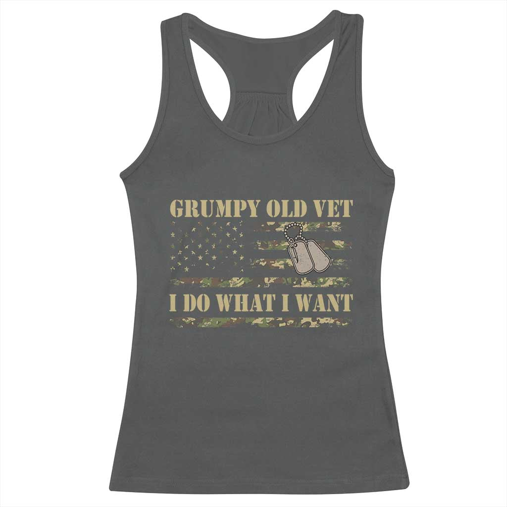 Funny Grumpy Old Vet I Do What I Want Racerback Tank Top Military Veteran Camo American Flag TS11 Dark Heather Print Your Wear