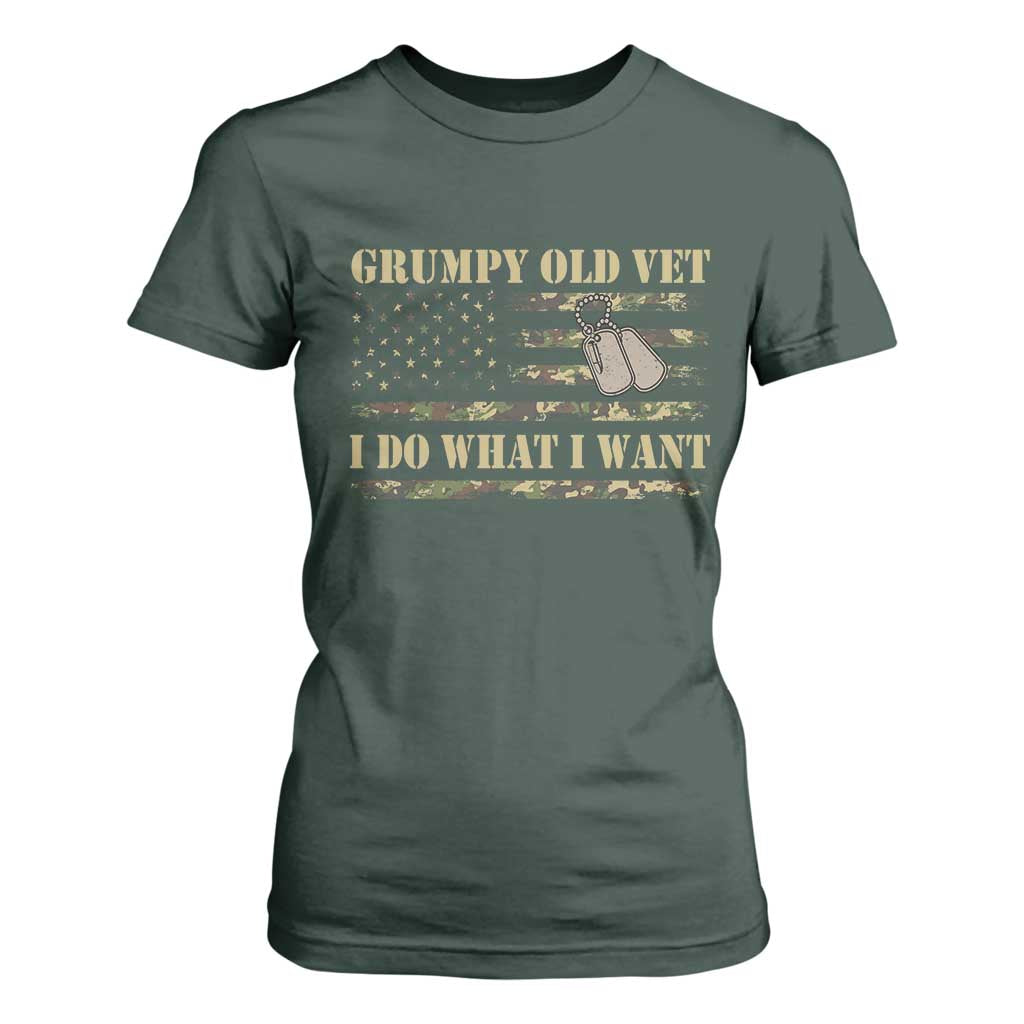 Funny Grumpy Old Vet I Do What I Want T Shirt For Women Military Veteran Camo American Flag TS11 Dark Forest Green Print Your Wear
