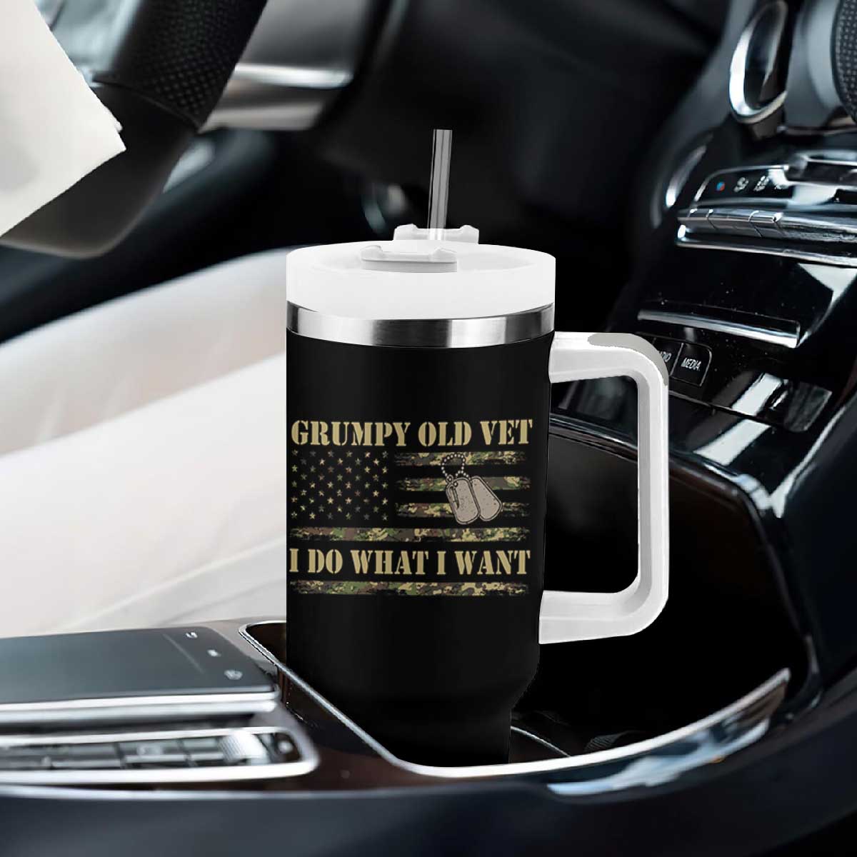 Funny Grumpy Old Vet I Do What I Want Tumbler With Handle Military Veteran Camo American Flag TS11 Print Your Wear