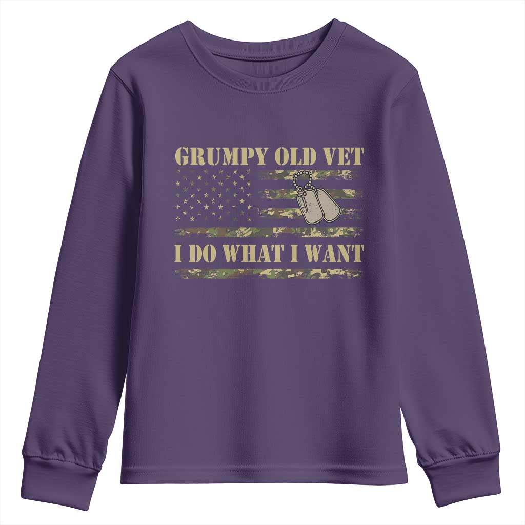 Funny Grumpy Old Vet I Do What I Want Youth Sweatshirt Military Veteran Camo American Flag TS11 Purple Print Your Wear