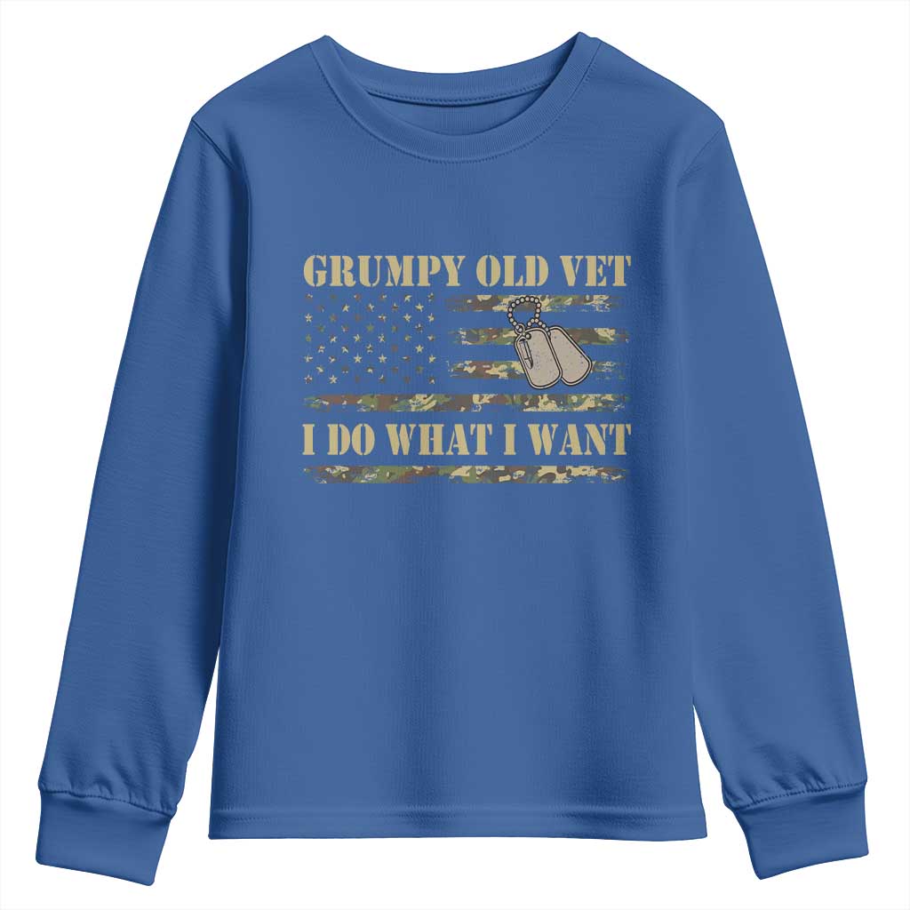 Funny Grumpy Old Vet I Do What I Want Youth Sweatshirt Military Veteran Camo American Flag TS11 Royal Blue Print Your Wear