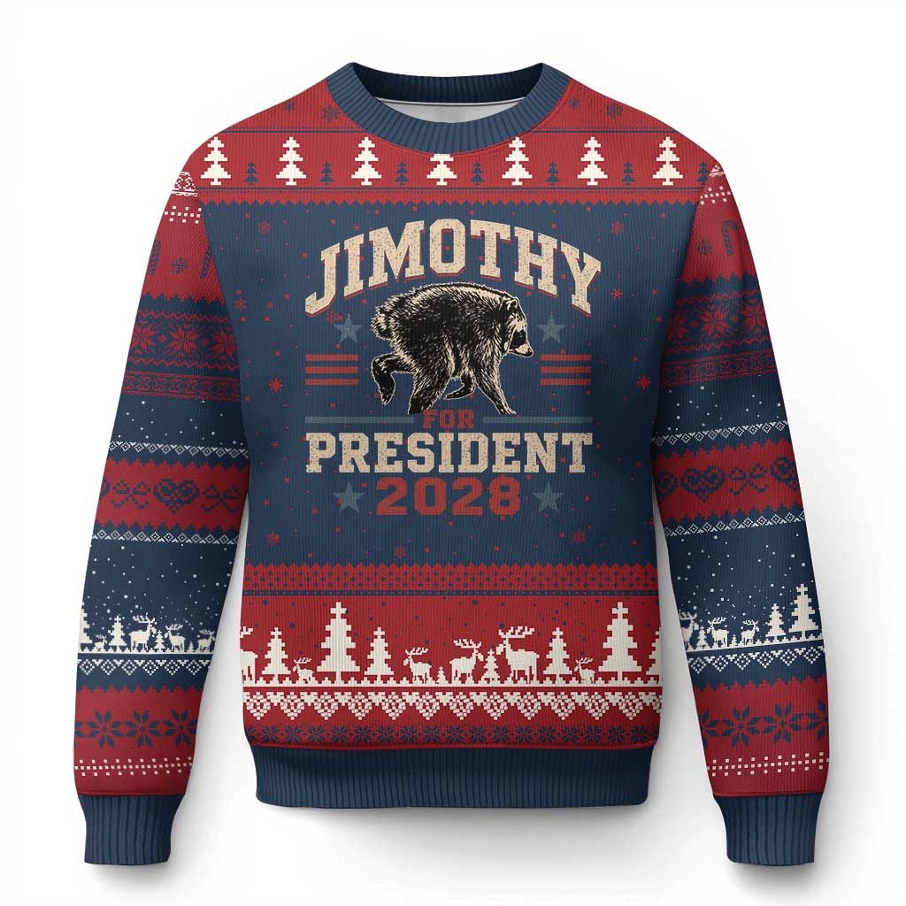Jimothy For President 2028 Ugly Christmas Sweater Funny Jimothy The Raccoon Seattle Trash Panda Meme TS11 Navy Red Print Your Wear