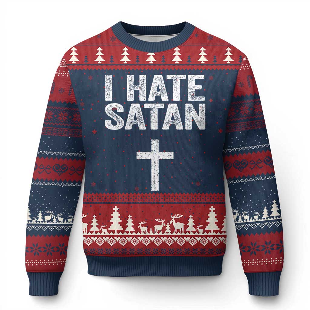 I Hate Satan Ugly Christmas Sweater Funny Christian Jesus Cross TS11 Navy Red Print Your Wear