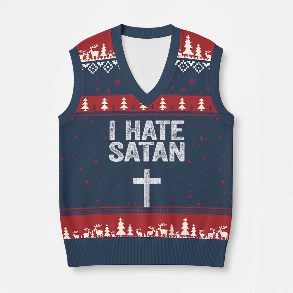 I Hate Satan V-Neck Knit Sweater Vest Funny Christian Jesus Cross TS11 Navy Red Print Your Wear