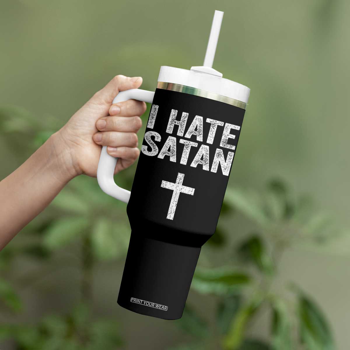 I Hate Satan Tumbler With Handle Funny Christian Jesus Cross