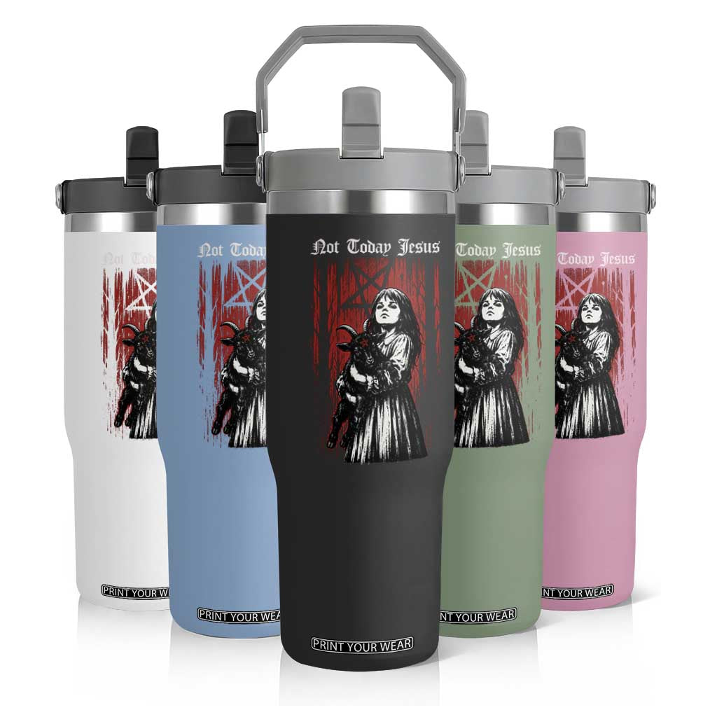 Not Today Jesus Gothic Dark Art Creepy Halloween Flip Straw Tumbler