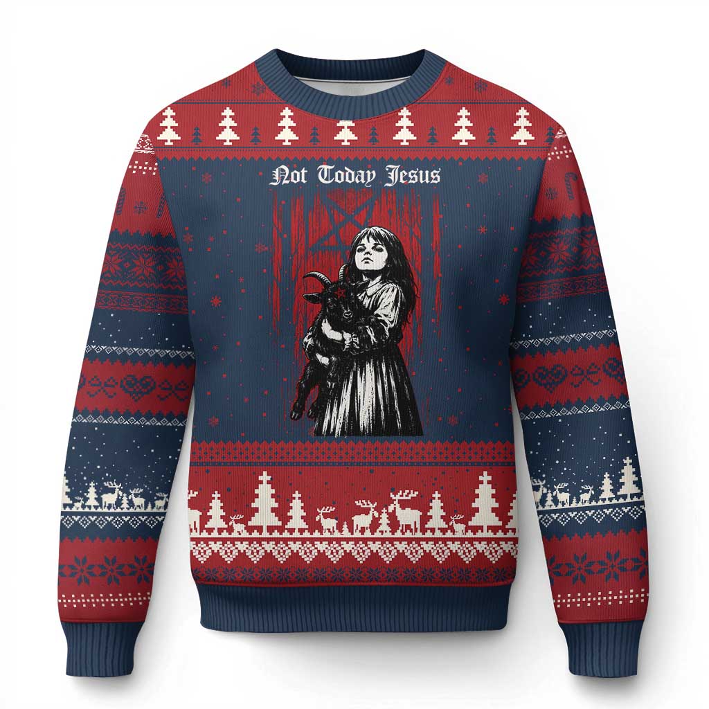 Not Today Jesus Gothic Dark Art Creepy Halloween Ugly Christmas Sweater TS11 Navy Red Print Your Wear