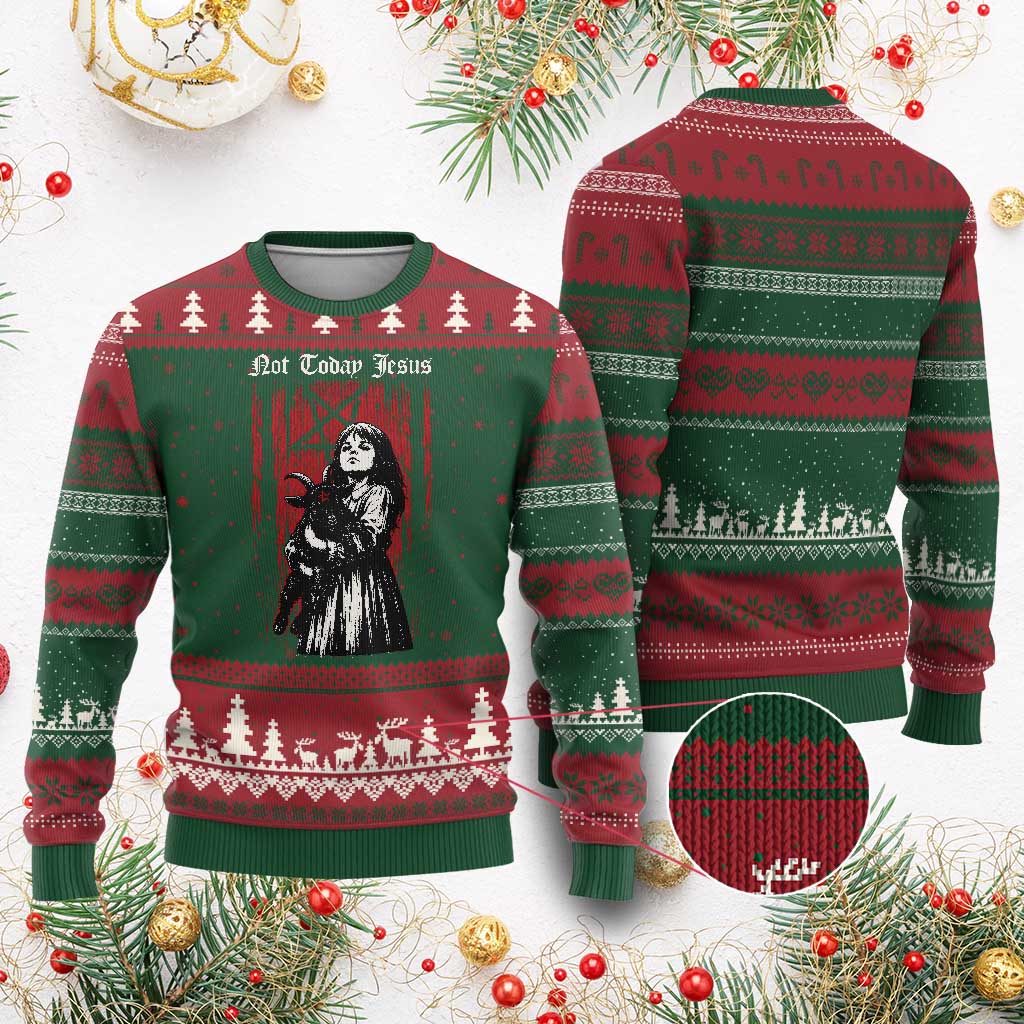 Not Today Jesus Gothic Dark Art Creepy Halloween Ugly Christmas Sweater