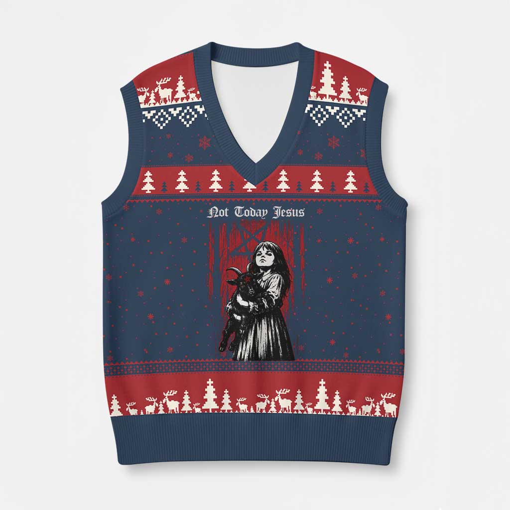 Not Today Jesus Gothic Dark Art Creepy Halloween V-Neck Knit Sweater Vest