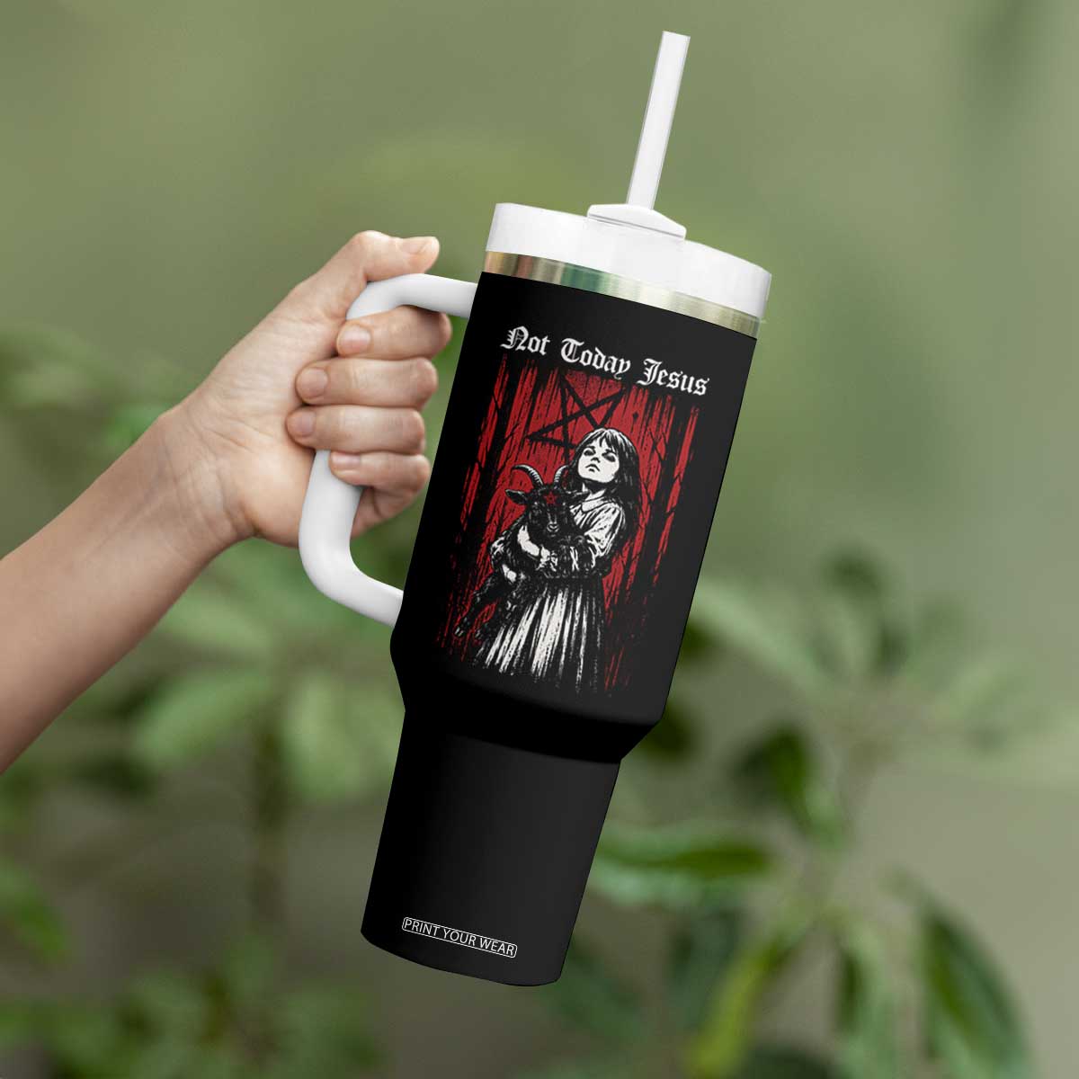 Not Today Jesus Gothic Dark Art Creepy Halloween Tumbler With Handle