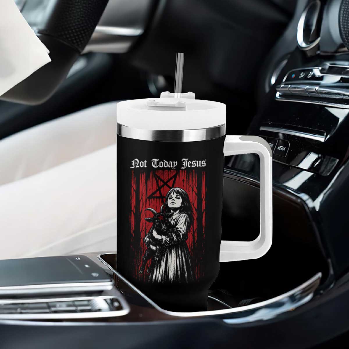 Not Today Jesus Gothic Dark Art Creepy Halloween Tumbler With Handle