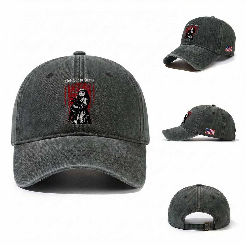 Not Today Jesus Gothic Dark Art Creepy Halloween Washed Cotton Baseball Cap